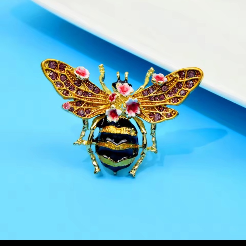 Free People Gold Bee Brooch with Pink Flower Accents